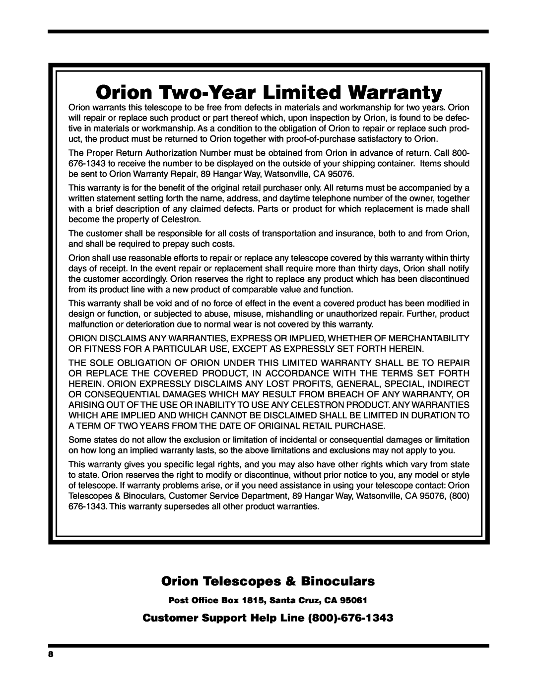 Orion Post Office Box 1815, Santa Cruz, CA, Orion Two-Year Limited Warranty, Orion Telescopes & Binoculars 