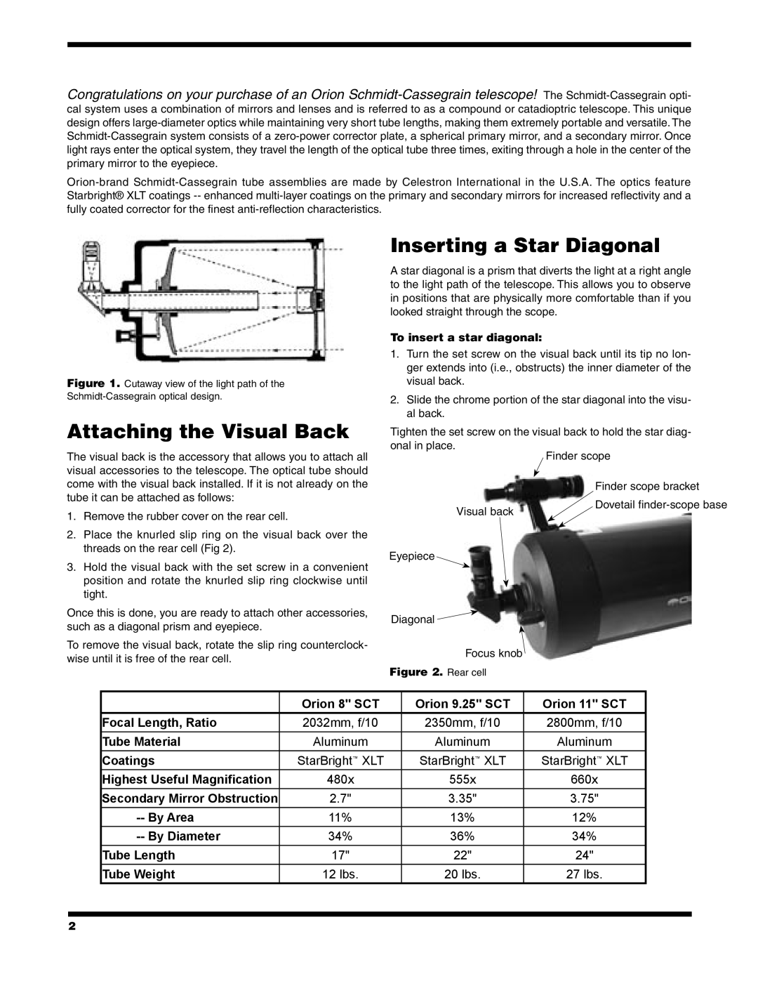 Orion Telescope Unpacking Your Scope, Attaching the Visual Back, Inserting a Star Diagonal, To insert a star diagonal 