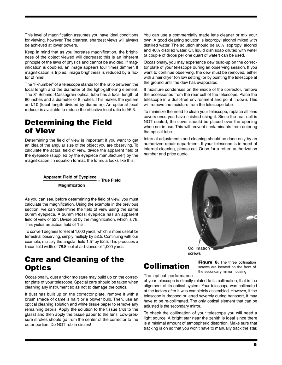 Orion Telescope instruction manual Determining the Field of View, Care and Cleaning of the Optics, Collimation 