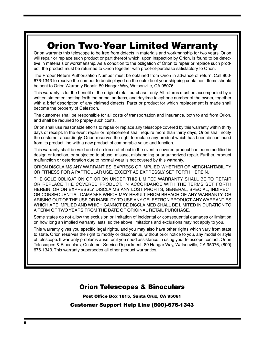 Orion Telescope instruction manual Orion Two-Year Limited Warranty 