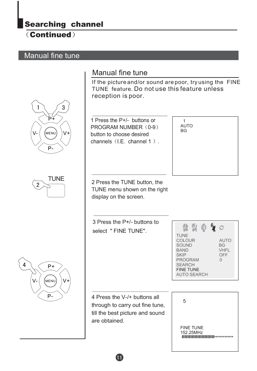 Orion TV/DVD-1432 owner manual Manual fine tune, If the picture and/or sound are poor, try using the Fine 