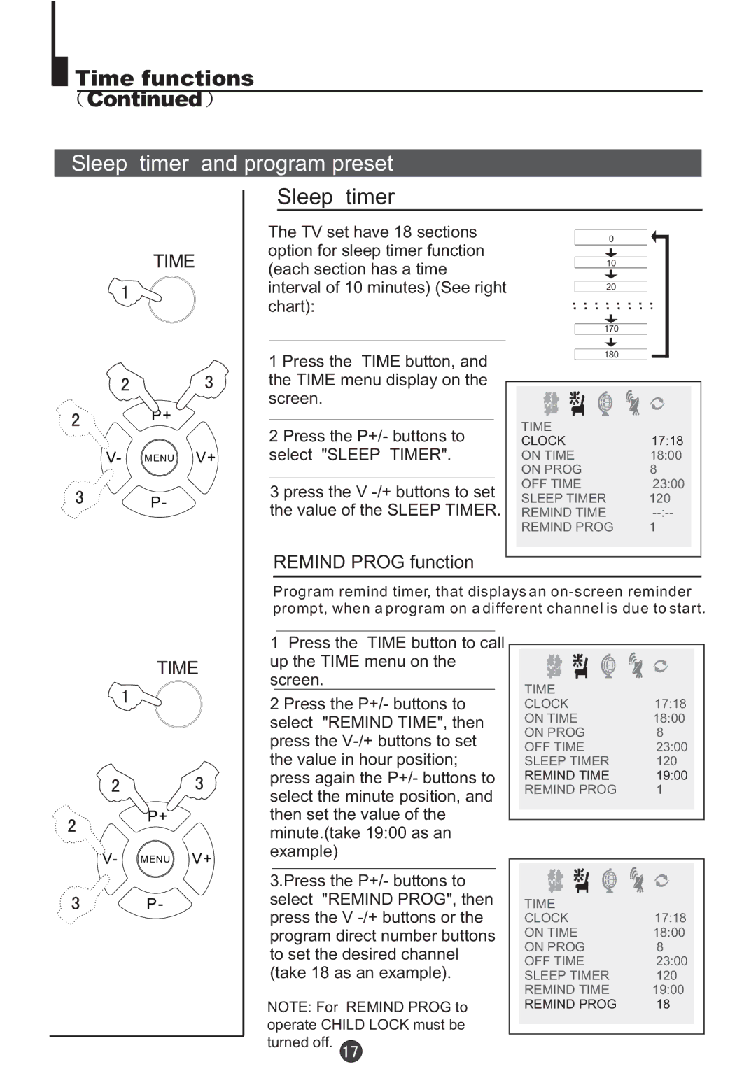 Orion TV/DVD-1432 owner manual Sleep timer and program preset, Remind Prog function 