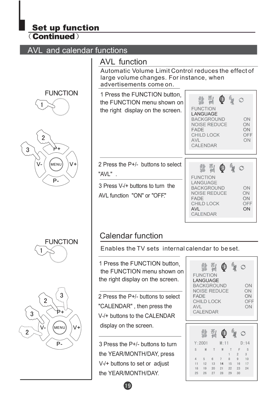 Orion TV/DVD-1432 owner manual AVL and calendar functions, AVL function, Calendar function 