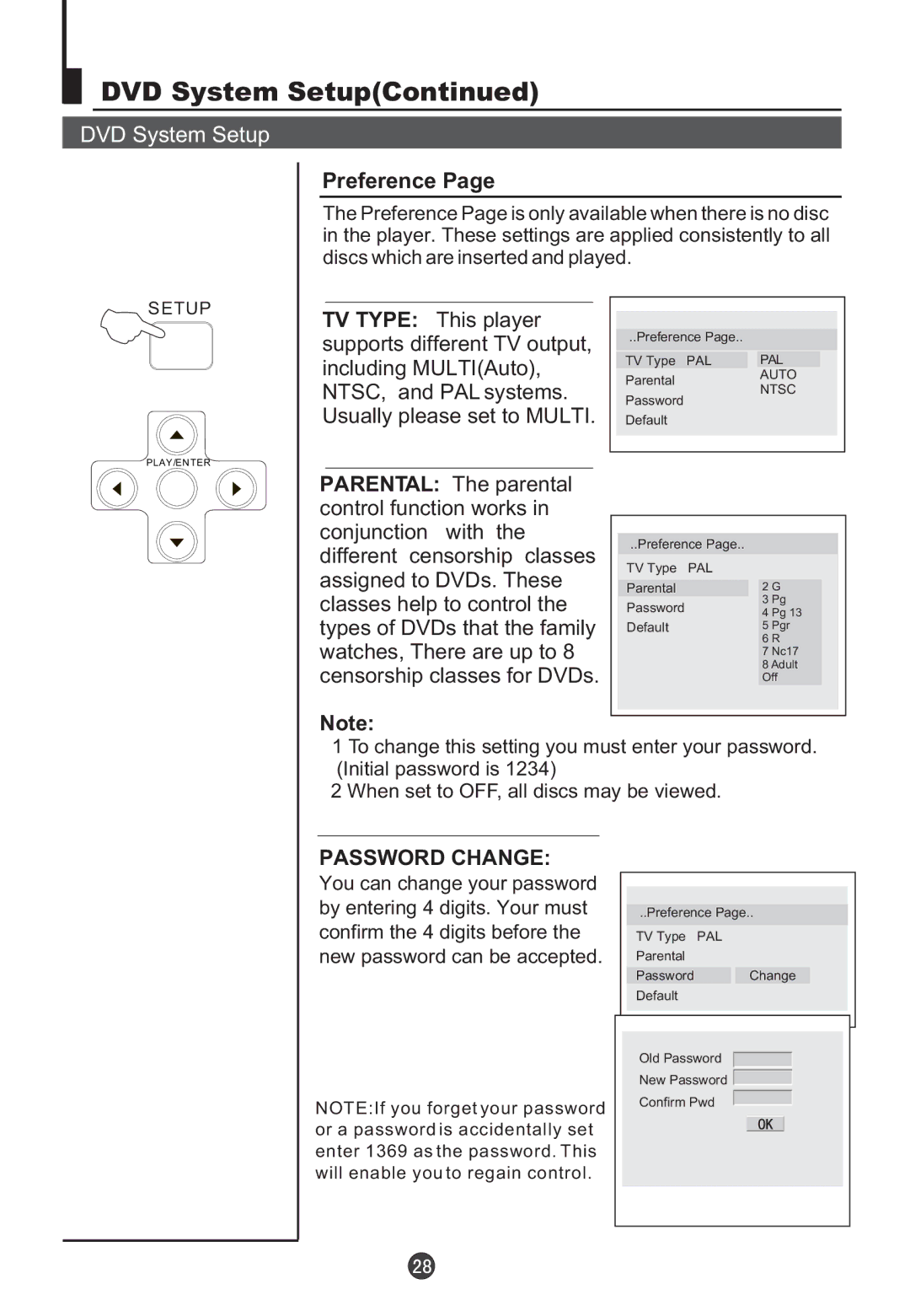 Orion TV/DVD-1432 owner manual Password Change 