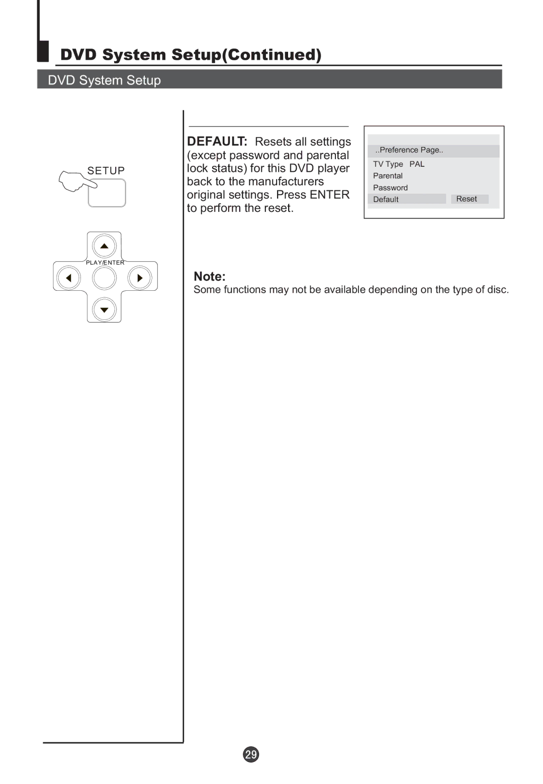 Orion TV/DVD-1432 owner manual Preference TV Type PAL Parental Password DefaultReset 