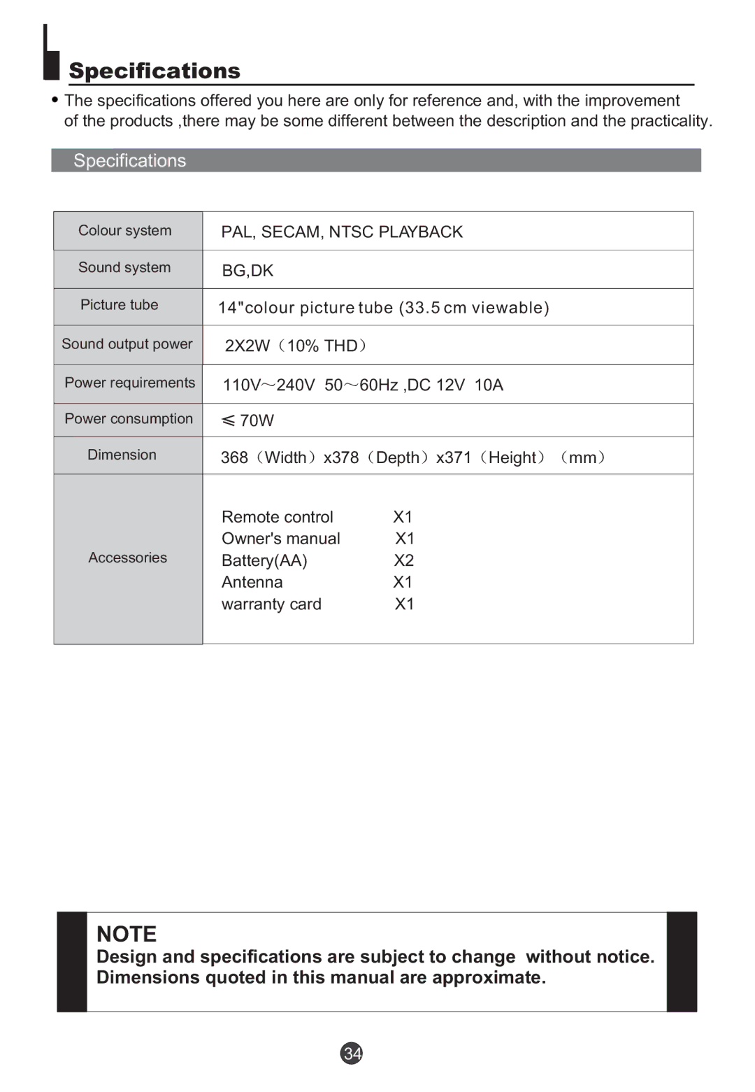 Orion TV/DVD-1432 owner manual Specifications 