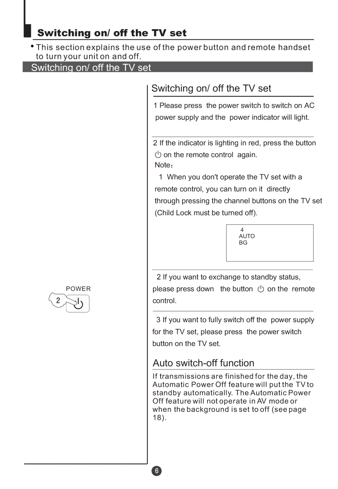 Orion TV/DVD-1432 owner manual Switching on/ off the TV set, Auto switch-off function 