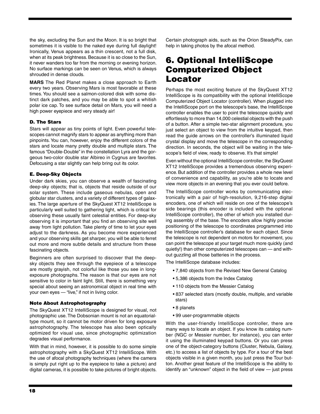 Orion XT12 instruction manual D. The Stars, E. Deep-SkyObjects, Note About Astrophotography 