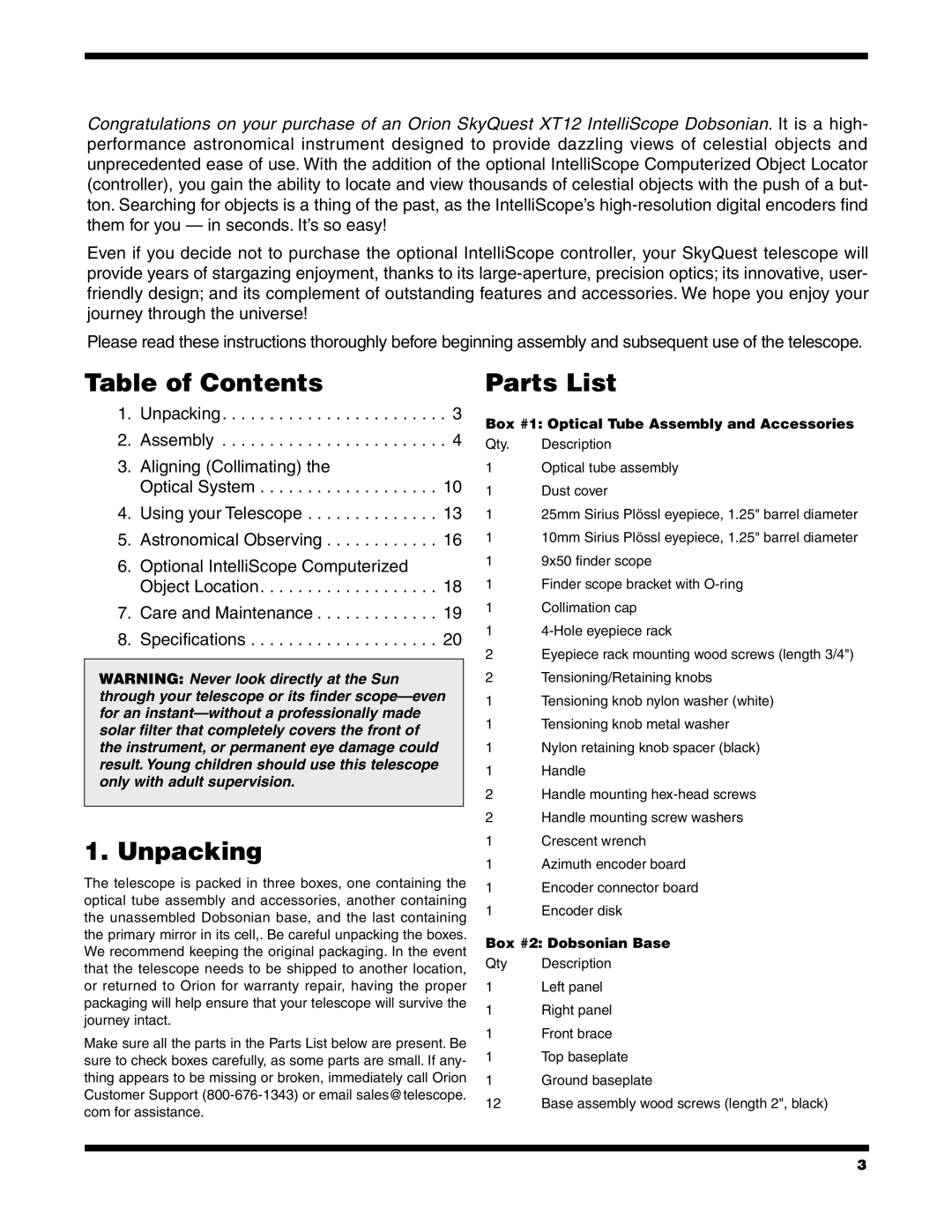 Orion XT12 instruction manual Table of Contents, Unpacking, Parts List 