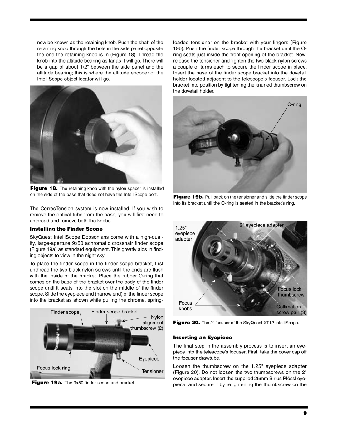 Orion XT12 instruction manual Installing the Finder Scope, Inserting an Eyepiece 