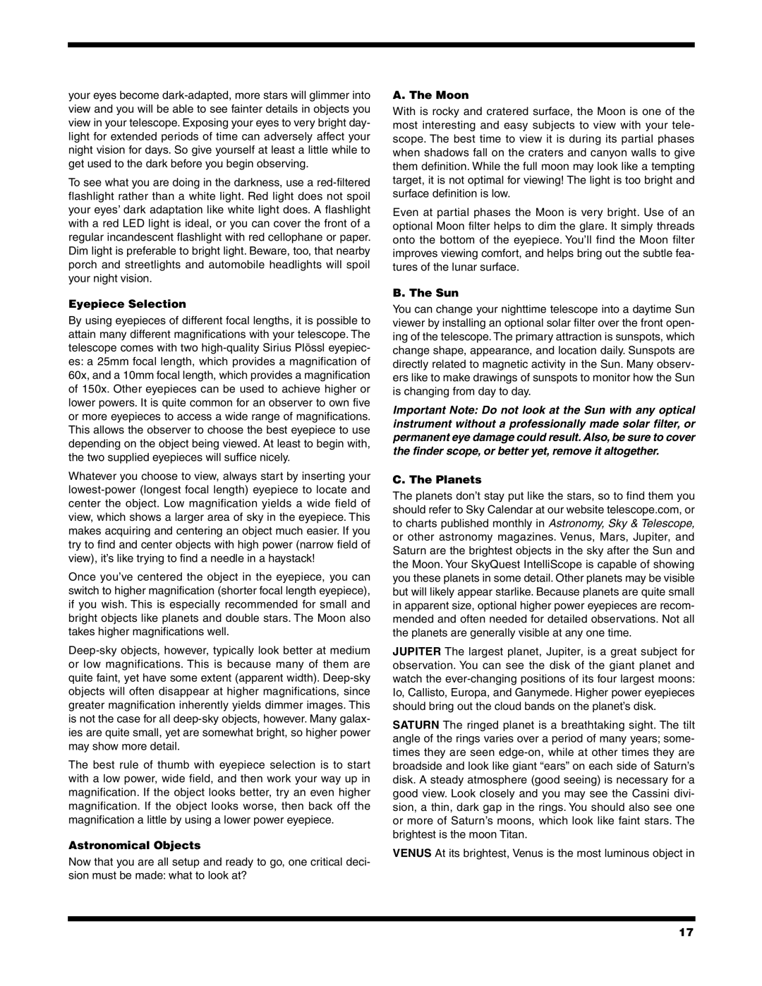 Orion XT12 instruction manual Eyepiece Selection, Astronomical Objects, Moon, Sun, Planets 