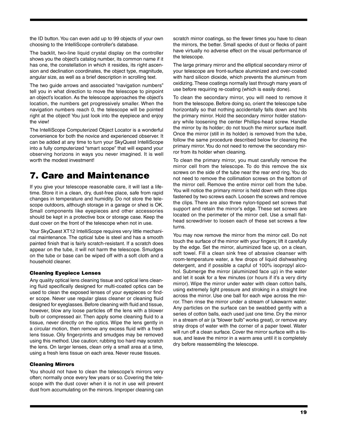 Orion XT12 instruction manual Care and Maintenance, Cleaning Eyepiece Lenses, Cleaning Mirrors 