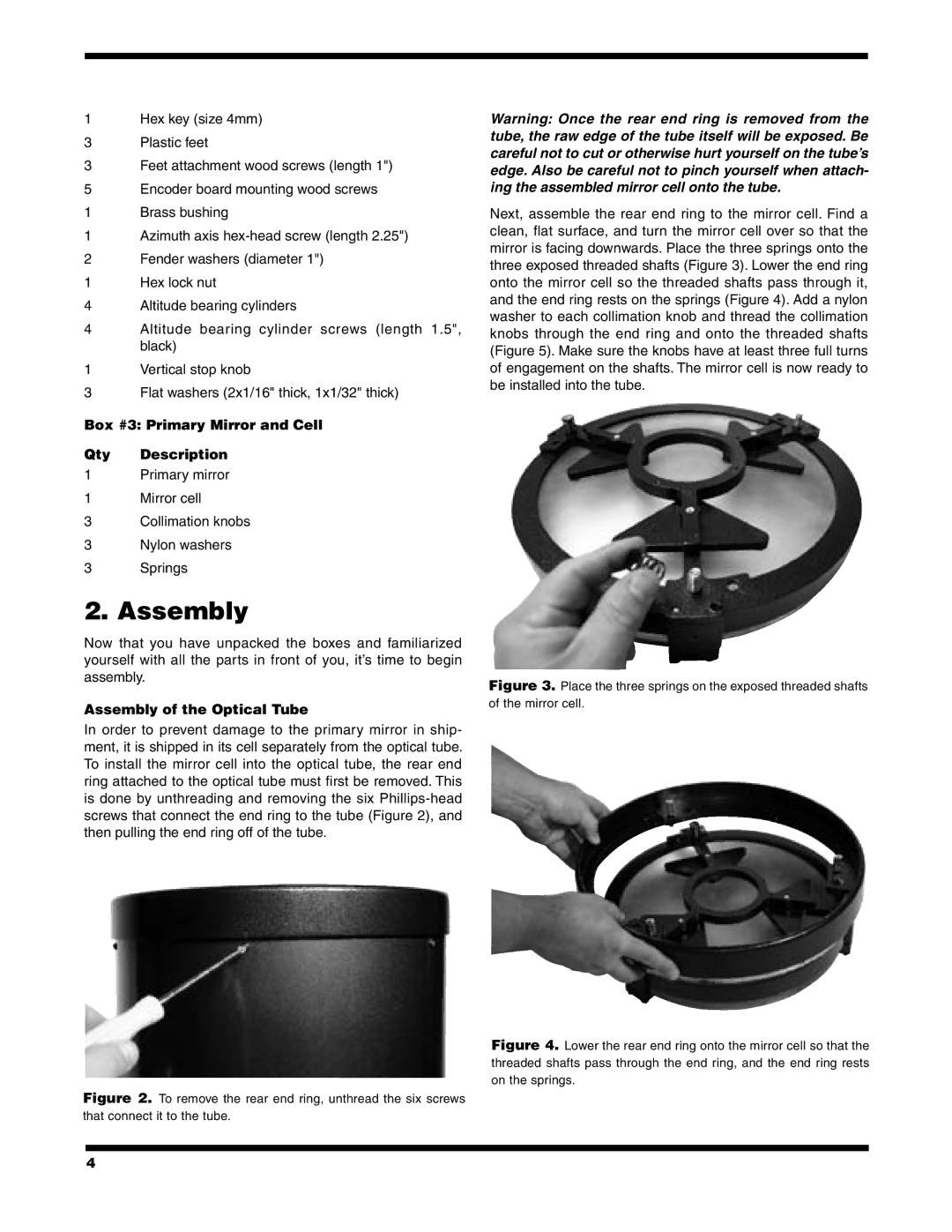 Orion XT12 instruction manual Box #3 Primary Mirror and Cell Qty Description, Assembly of the Optical Tube 