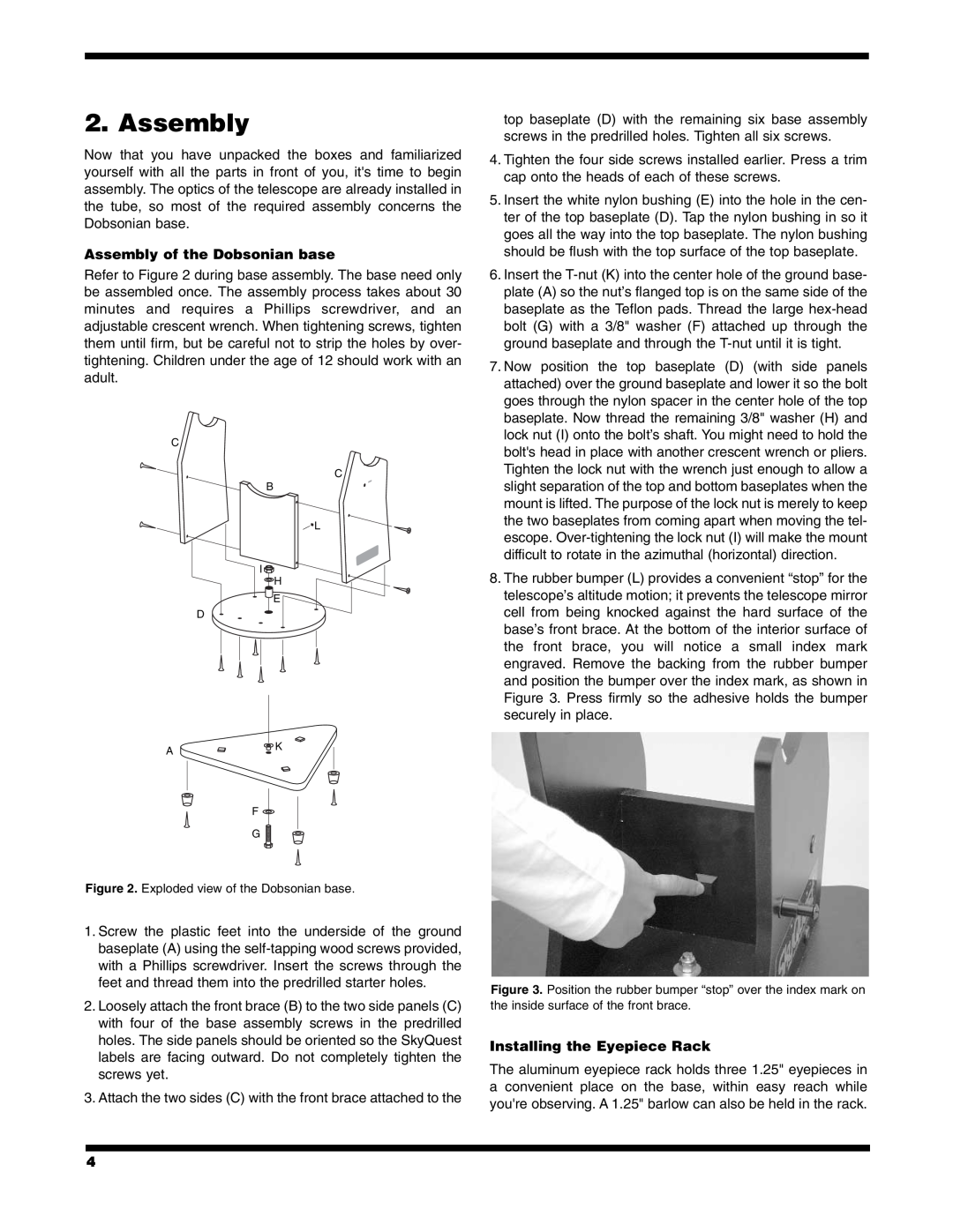 Orion XT4.5 instruction manual Assembly of the Dobsonian base, Installing the Eyepiece Rack 