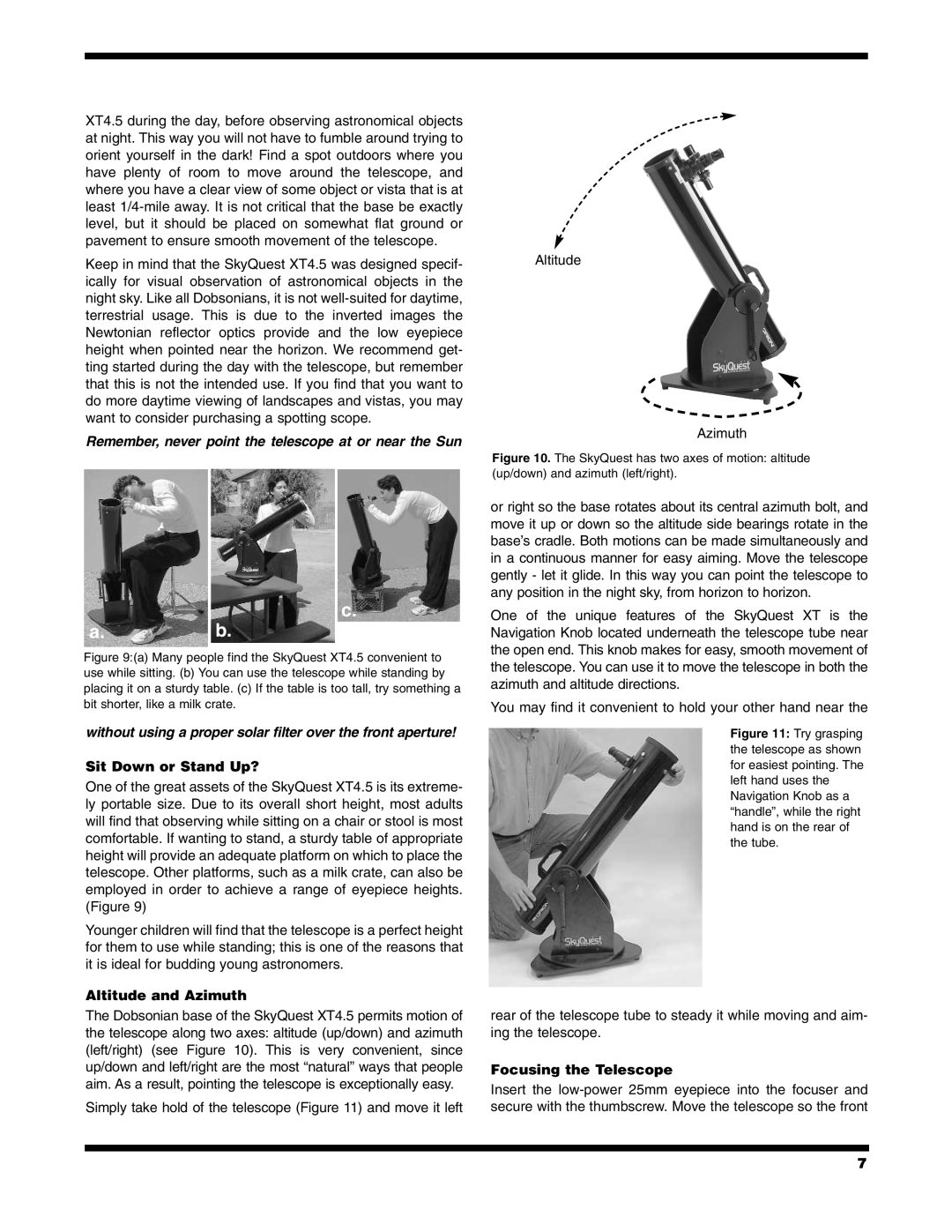 Orion XT4.5 instruction manual c a.b, Sit Down or Stand Up?, Altitude and Azimuth, Focusing the Telescope 