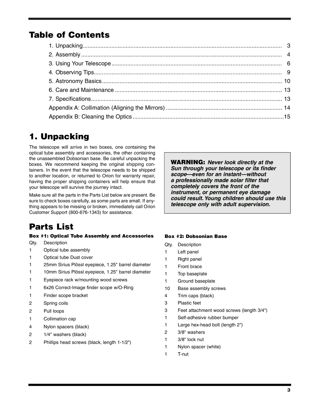 Orion XT4.5 instruction manual Table of Contents, Unpacking, Parts List 