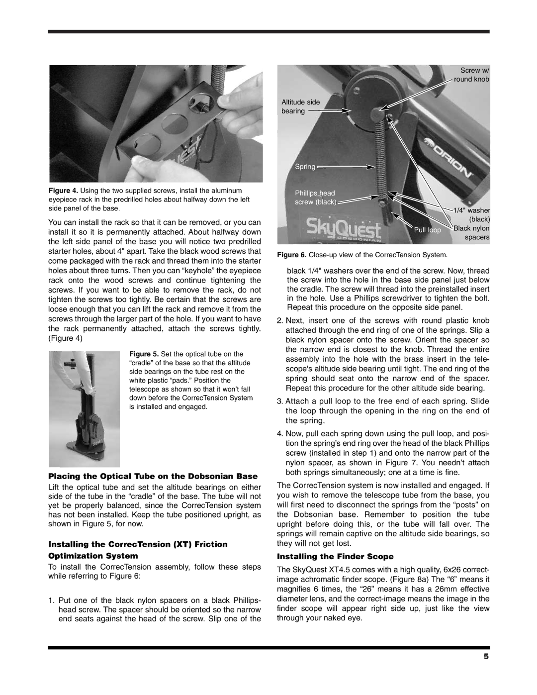 Orion XT4.5 instruction manual Placing the Optical Tube on the Dobsonian Base, Installing the Finder Scope 