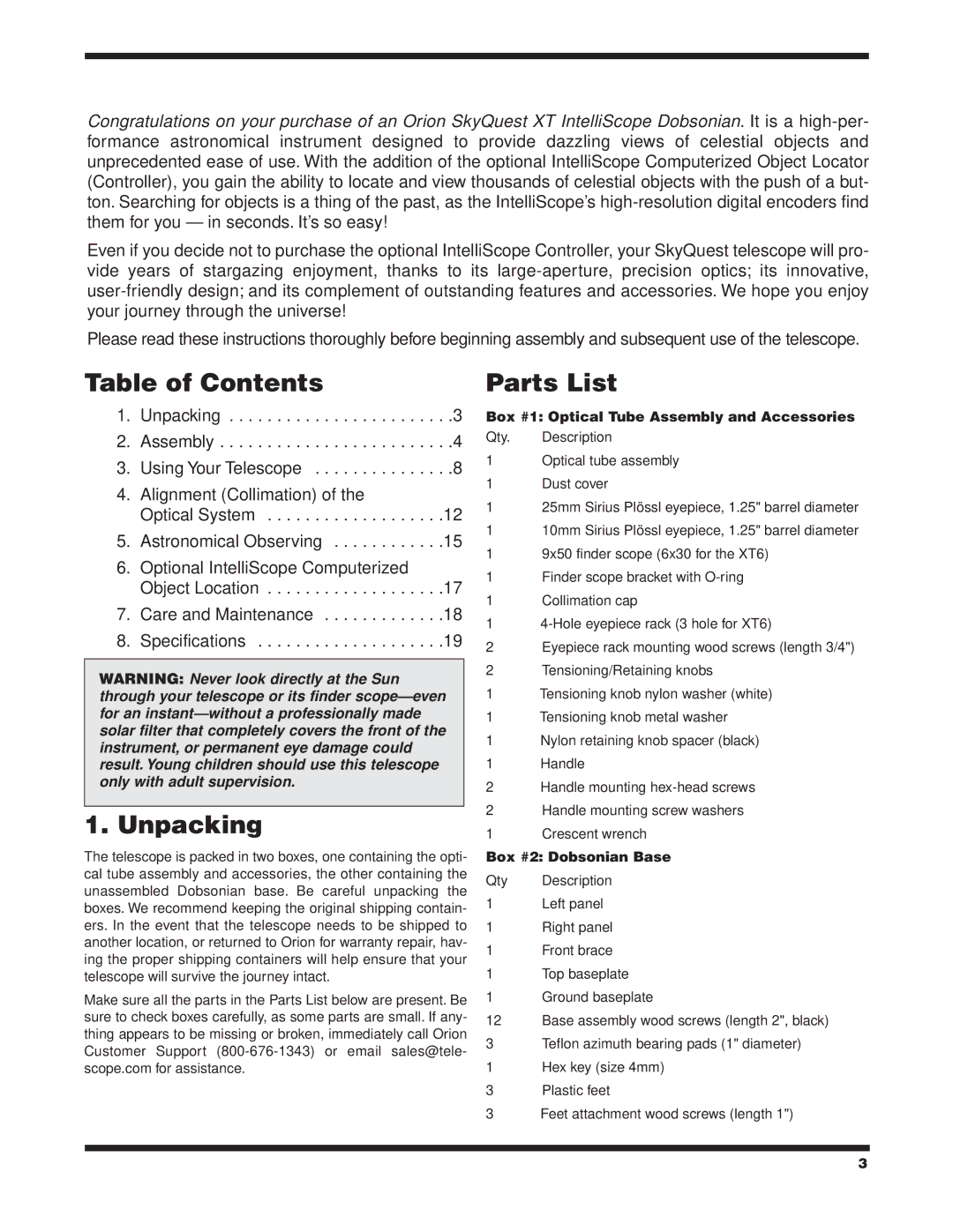 Orion XT8, XT6, #9816, #9950, #9918, XT10 instruction manual Table of Contents, Unpacking, Parts List 