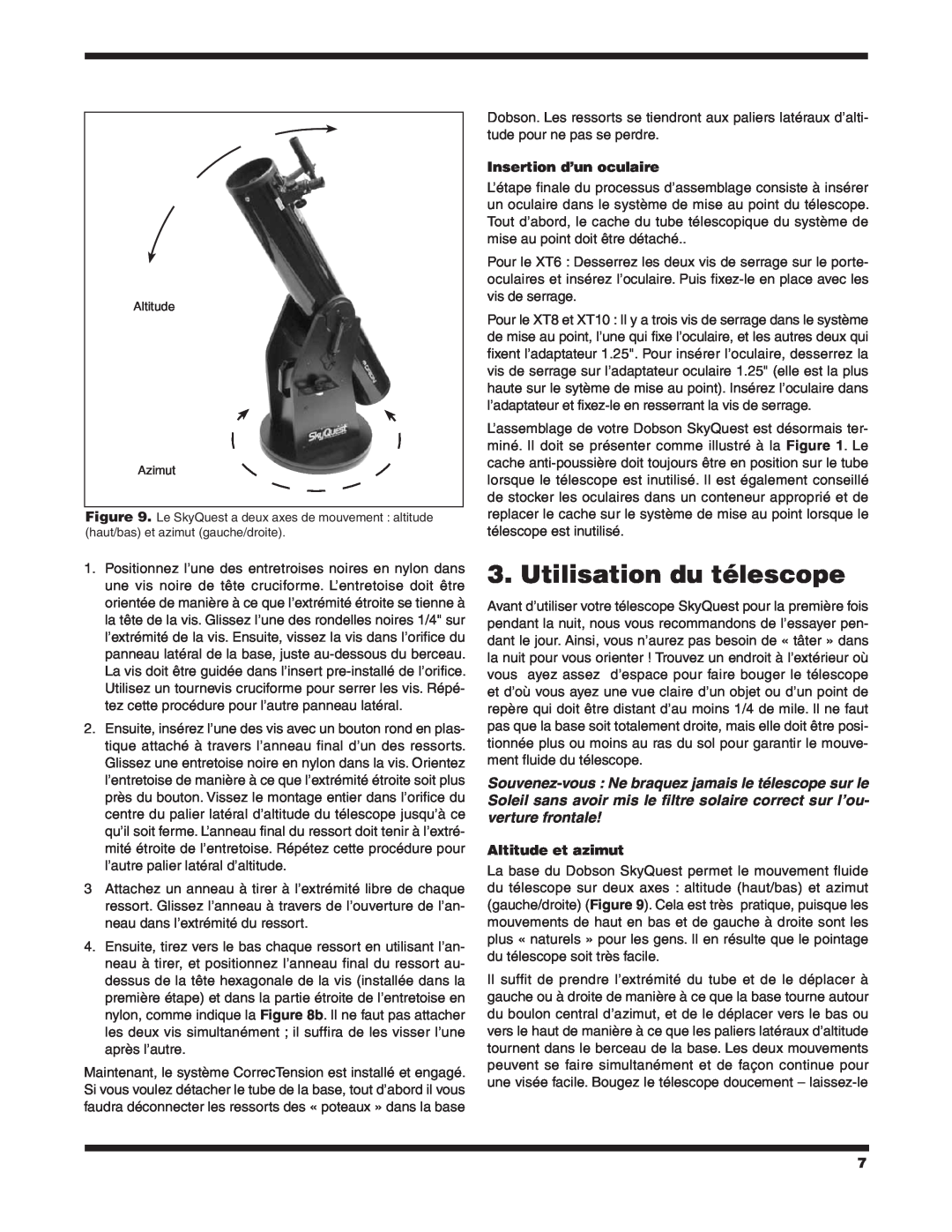 Orion XT6 CLASSIC manual Utilisation du télescope, Insertion d’un oculaire, Altitude et azimut 