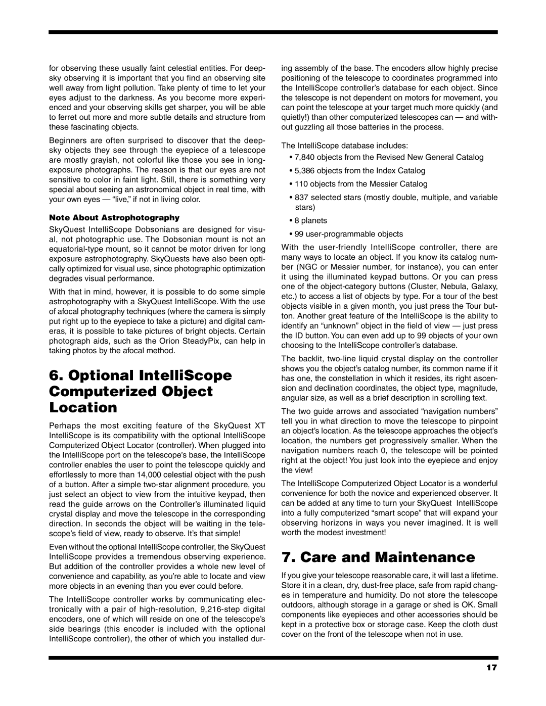 Orion XT10, XT6, XT8 instruction manual Care and Maintenance, Note About Astrophotography 