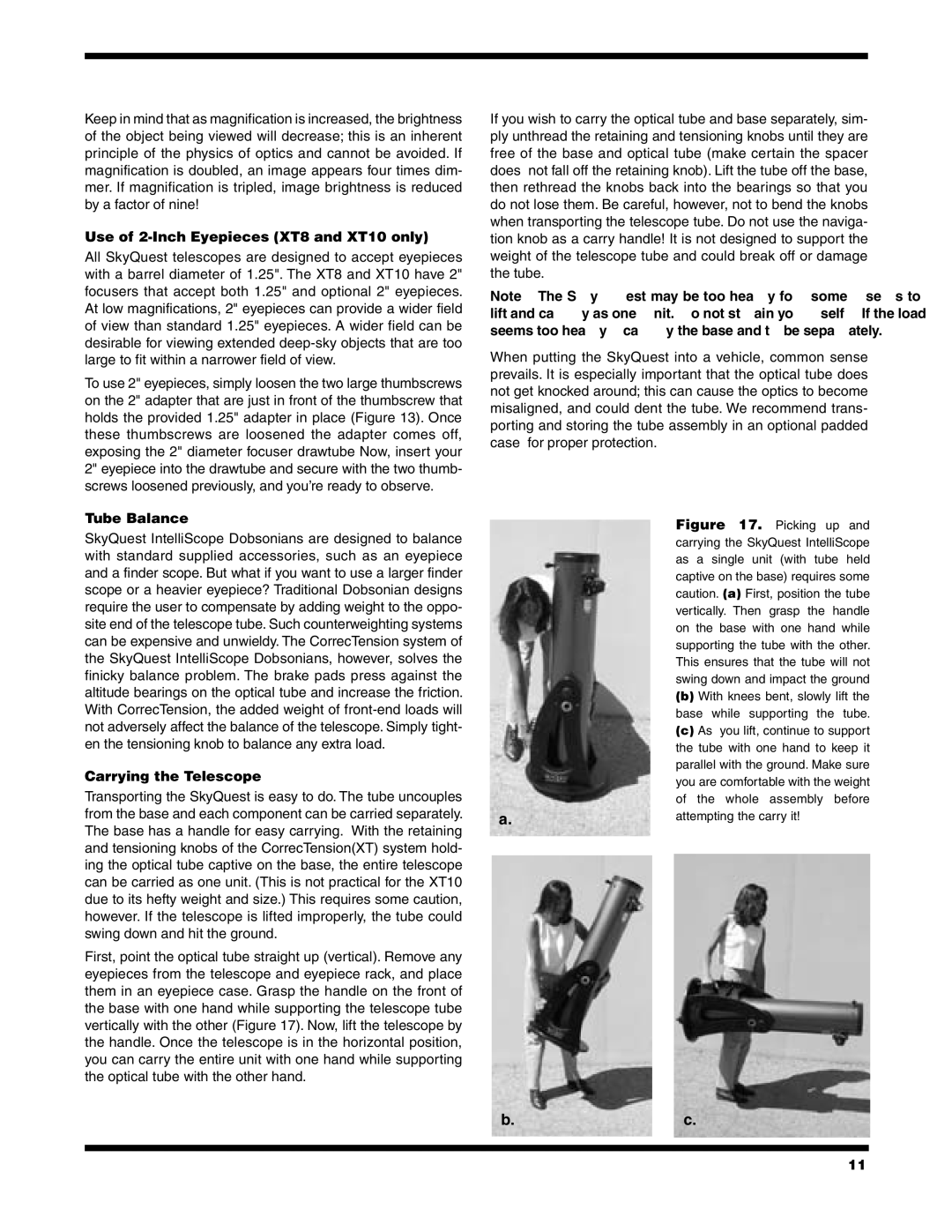 Orion XT6 instruction manual Use of 2-Inch Eyepieces XT8 and XT10 only, Tube Balance, Carrying the Telescope 