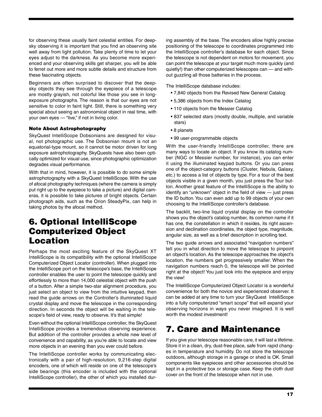 Orion XT10, XT6, XT8 instruction manual Optional IntelliScope Computerized Object Location, Care and Maintenance 