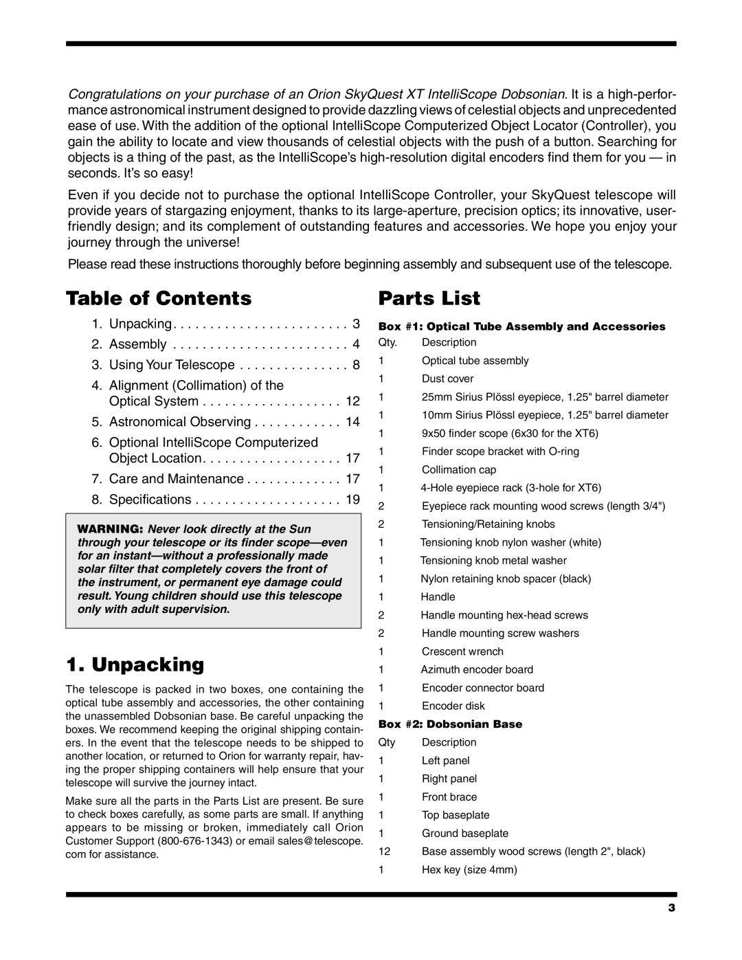 Orion XT6, XT8, XT10 instruction manual Table of Contents, Unpacking, Parts List 