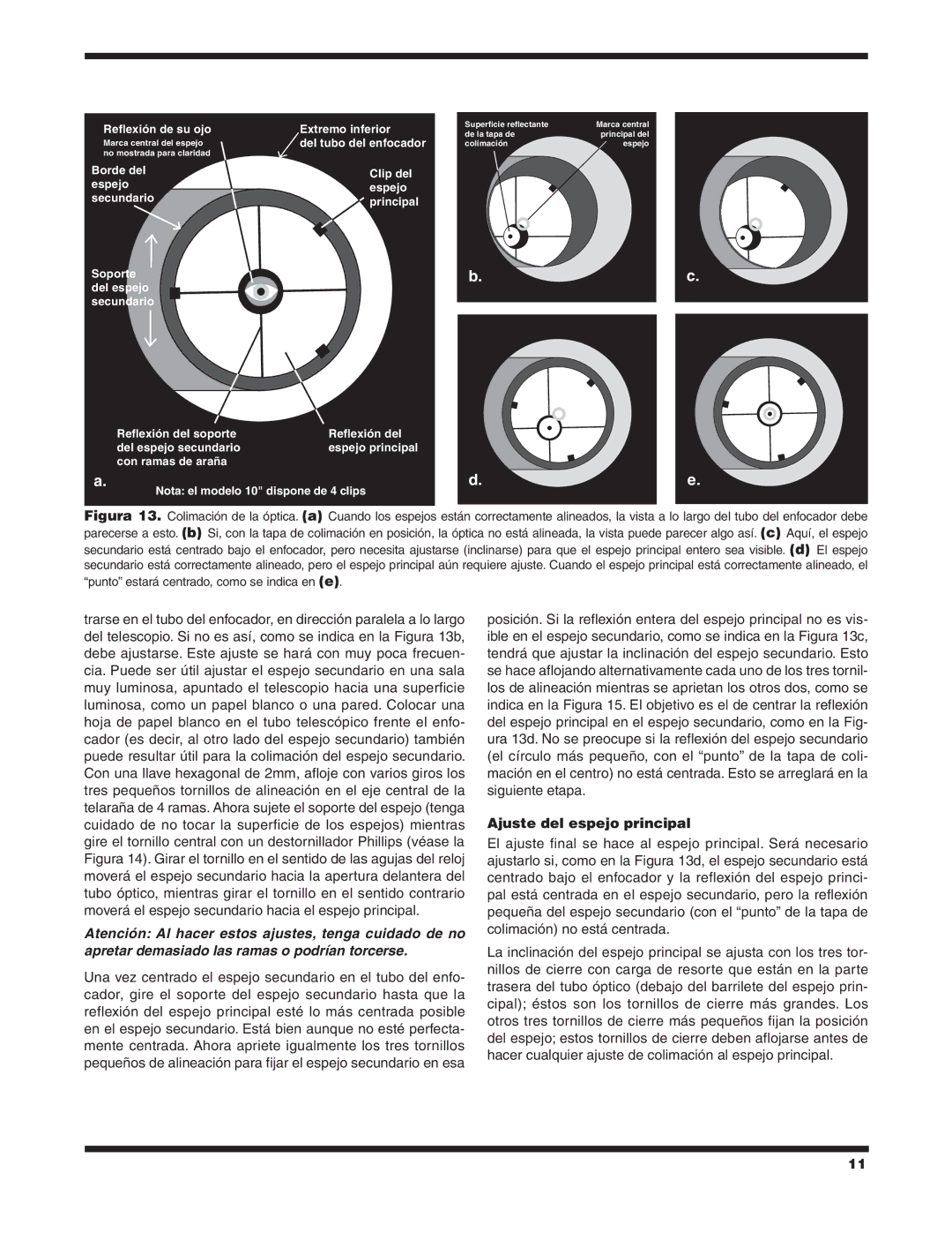 Orion XT10 #8946, XT8 #8945, XT6 #8944 manual Ajuste del espejo principal, Nota el modelo 10 dispone de 4 clips 