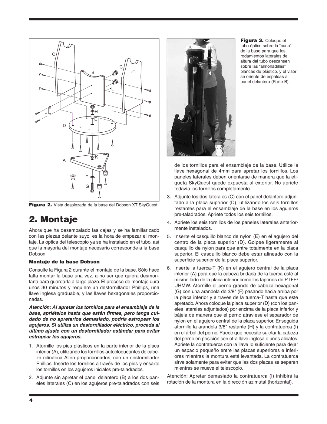 Orion XT8 #8945, XT6 #8944, XT10 #8946 manual Montaje de la base Dobson 