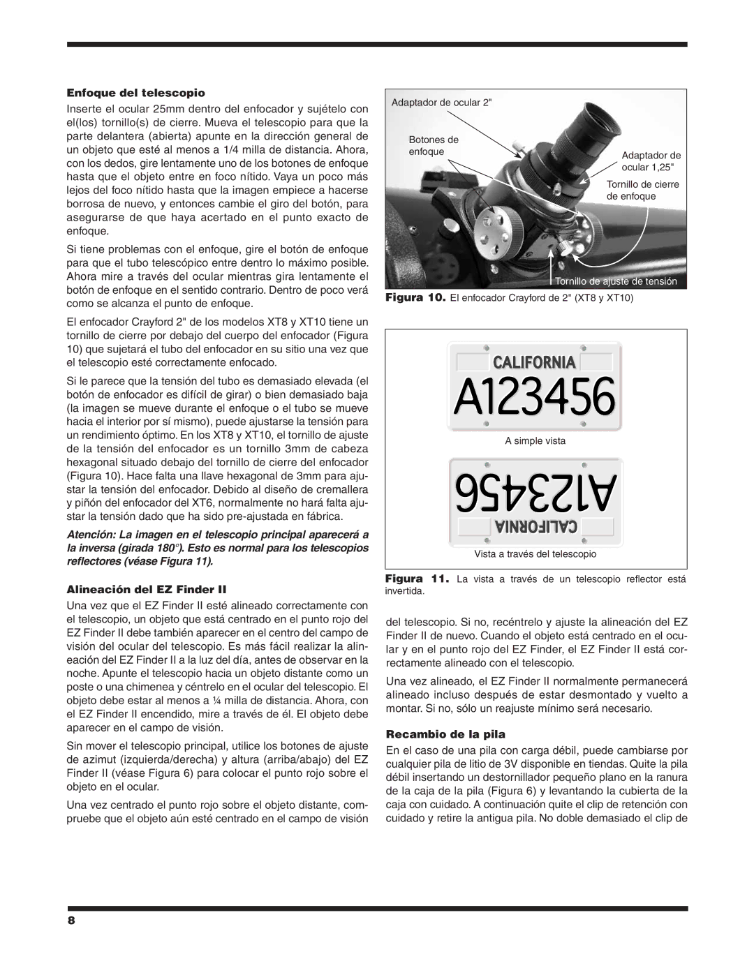 Orion XT8 #8945, XT6 #8944, XT10 #8946 manual Enfoque del telescopio, Alineación del EZ Finder, Recambio de la pila 