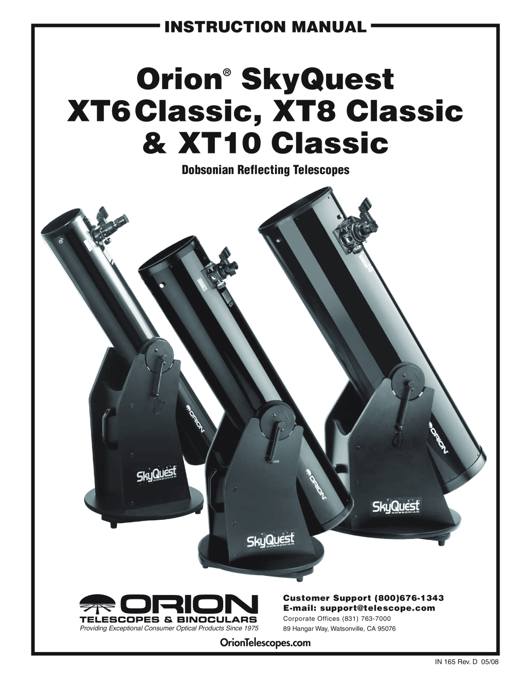 Orion XT10 CLASSIC instruction manual Dobsonian Reflecting Telescopes, Customer Support, E-mail support@telescope.com 