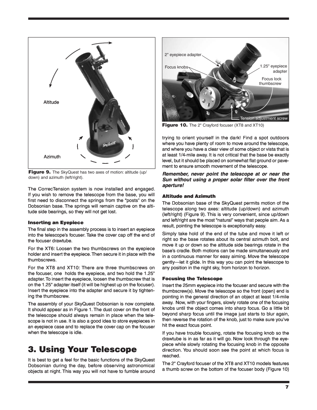 Orion XT10 CLASSIC, XT8 CLASSIC Using Your Telescope, Inserting an Eyepiece, Altitude and Azimuth, Focusing the Telescope 