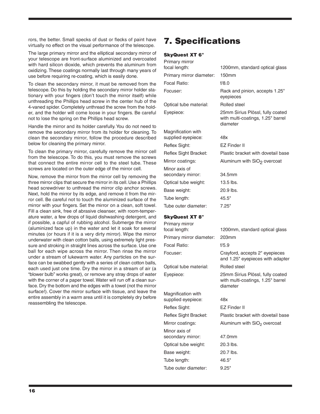 Orion XT8 CLASSIC, XT10 CLASSIC instruction manual Specifications, SkyQuest XT 