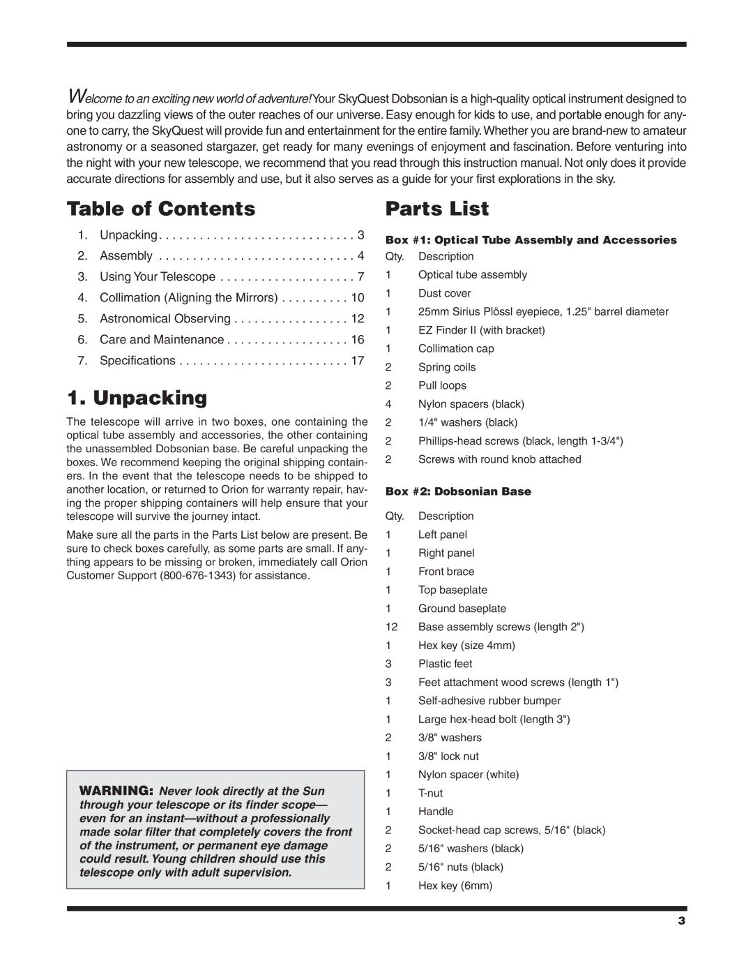 Orion XT10 CLASSIC, XT8 CLASSIC instruction manual Table of Contents, Unpacking, Parts List 