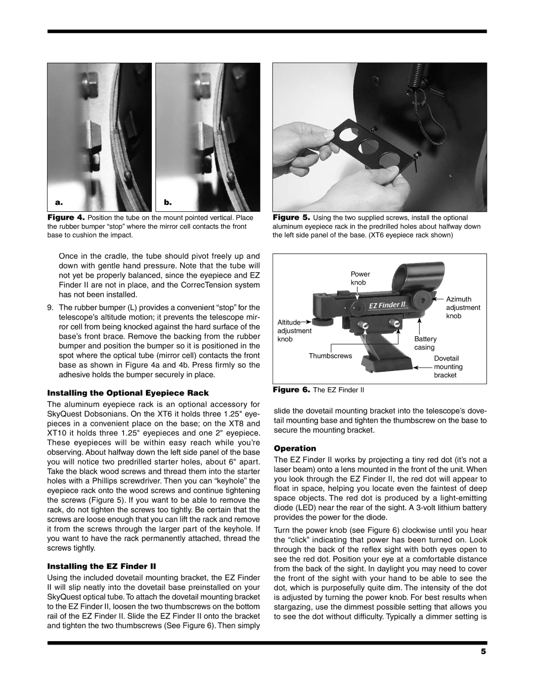 Orion XT10 CLASSIC, XT8 CLASSIC Installing the Optional Eyepiece Rack, Installing the EZ Finder, Operation 