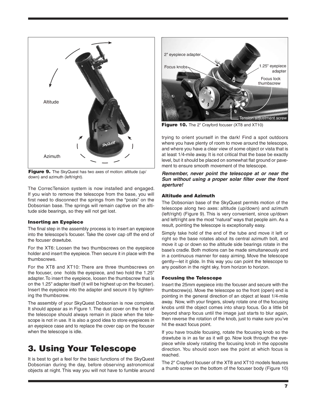 Orion XT10 CLASSIC, XT8 CLASSIC Using Your Telescope, Inserting an Eyepiece, Altitude and Azimuth, Focusing the Telescope 