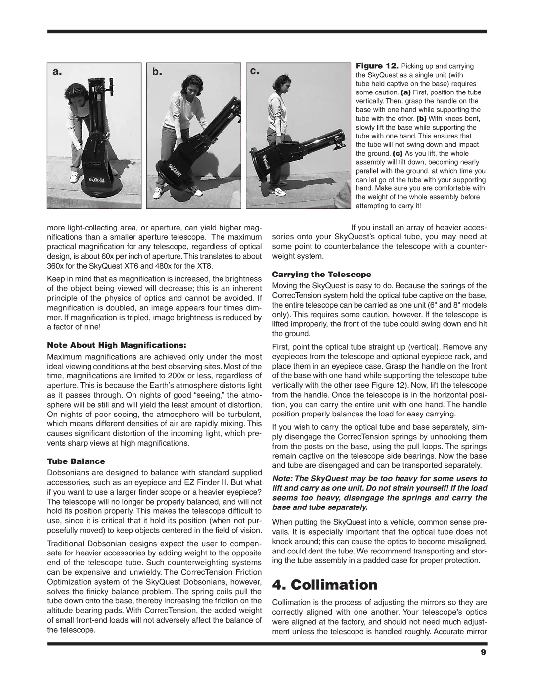 Orion XT10 CLASSIC, XT8 CLASSIC instruction manual Collimation, Tube Balance, Carrying the Telescope 