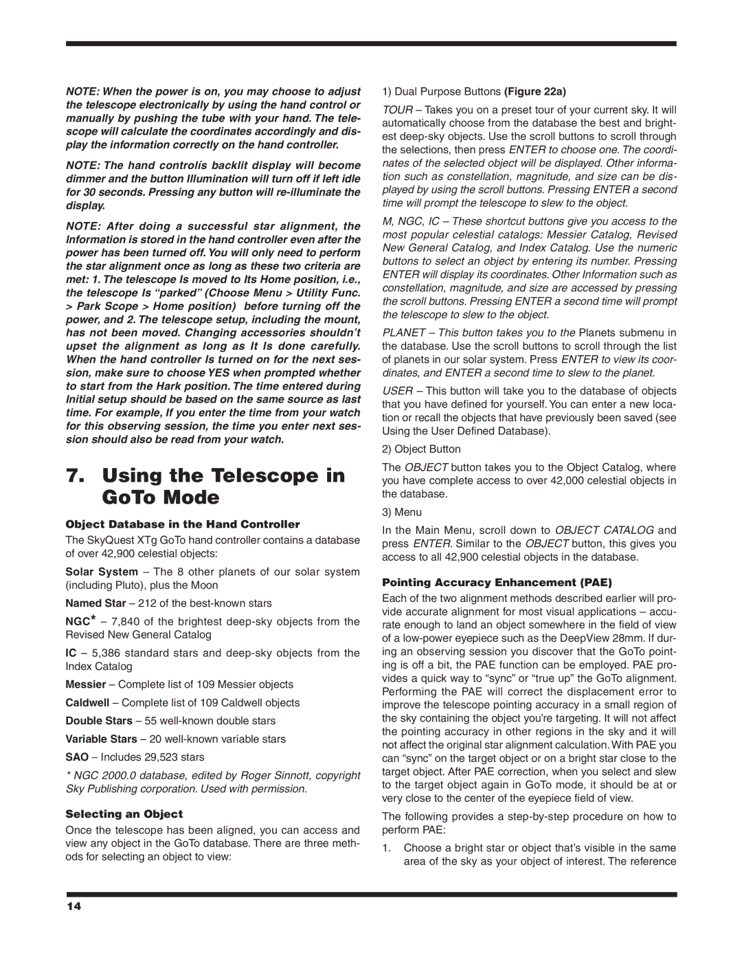 Orion XTG instruction manual Using the Telescope in GoTo Mode, Object Database in the Hand Controller, Selecting an Object 