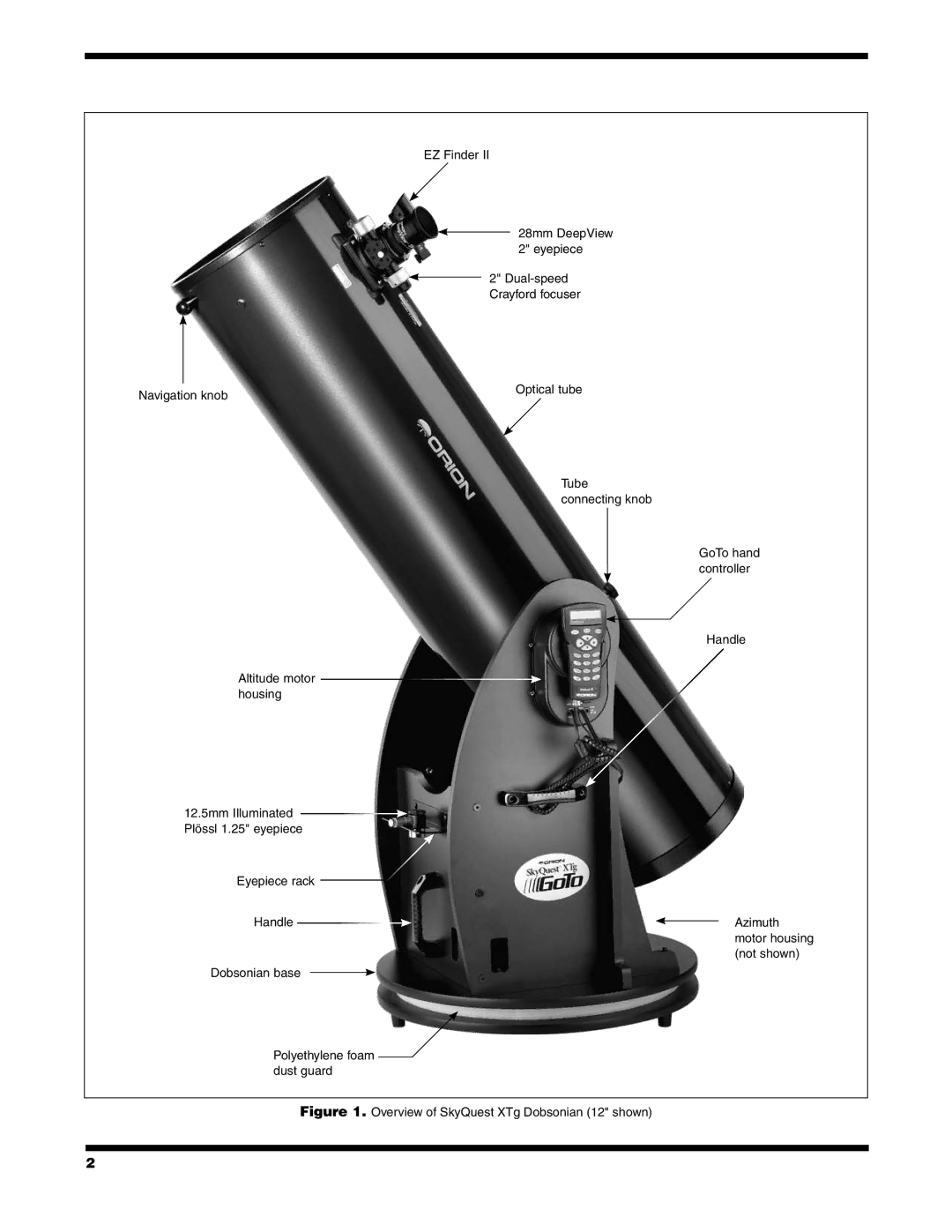 Orion XTG instruction manual Overview of SkyQuest XTg Dobsonian 12 shown 