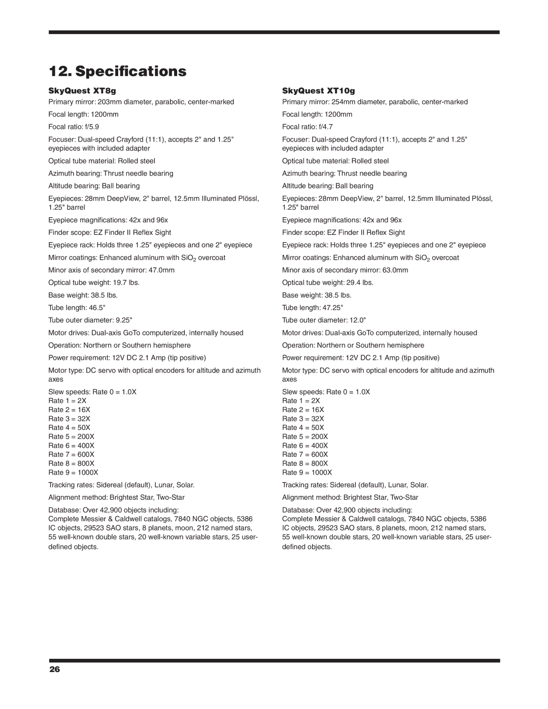 Orion XTG instruction manual Specifications, SkyQuest XT8g, SkyQuest XT10g 