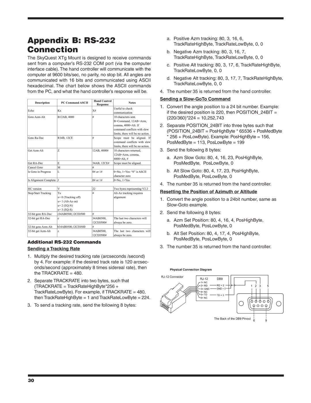 Orion XTG Appendix B RS-232 Connection, Additional RS-232 Commands Sending a Tracking Rate, Sending a Slow-GoTo Command 