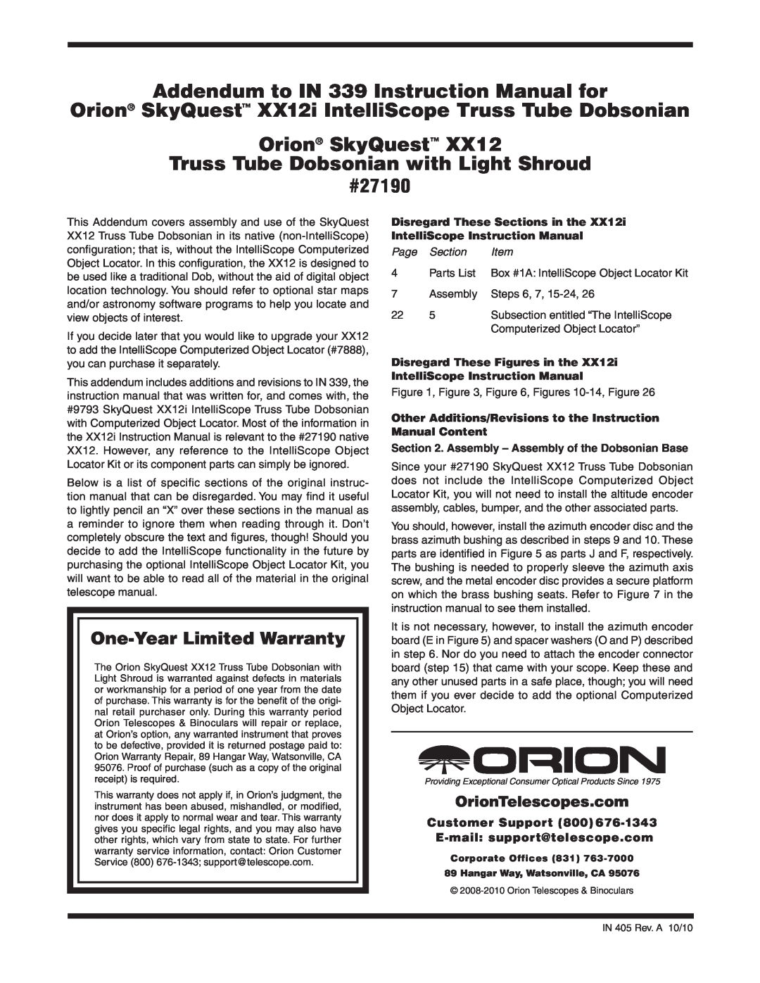 Orion XX12I warranty Orion SkyQuest, Truss Tube Dobsonian with Light Shroud, #27190, One-YearLimited Warranty 