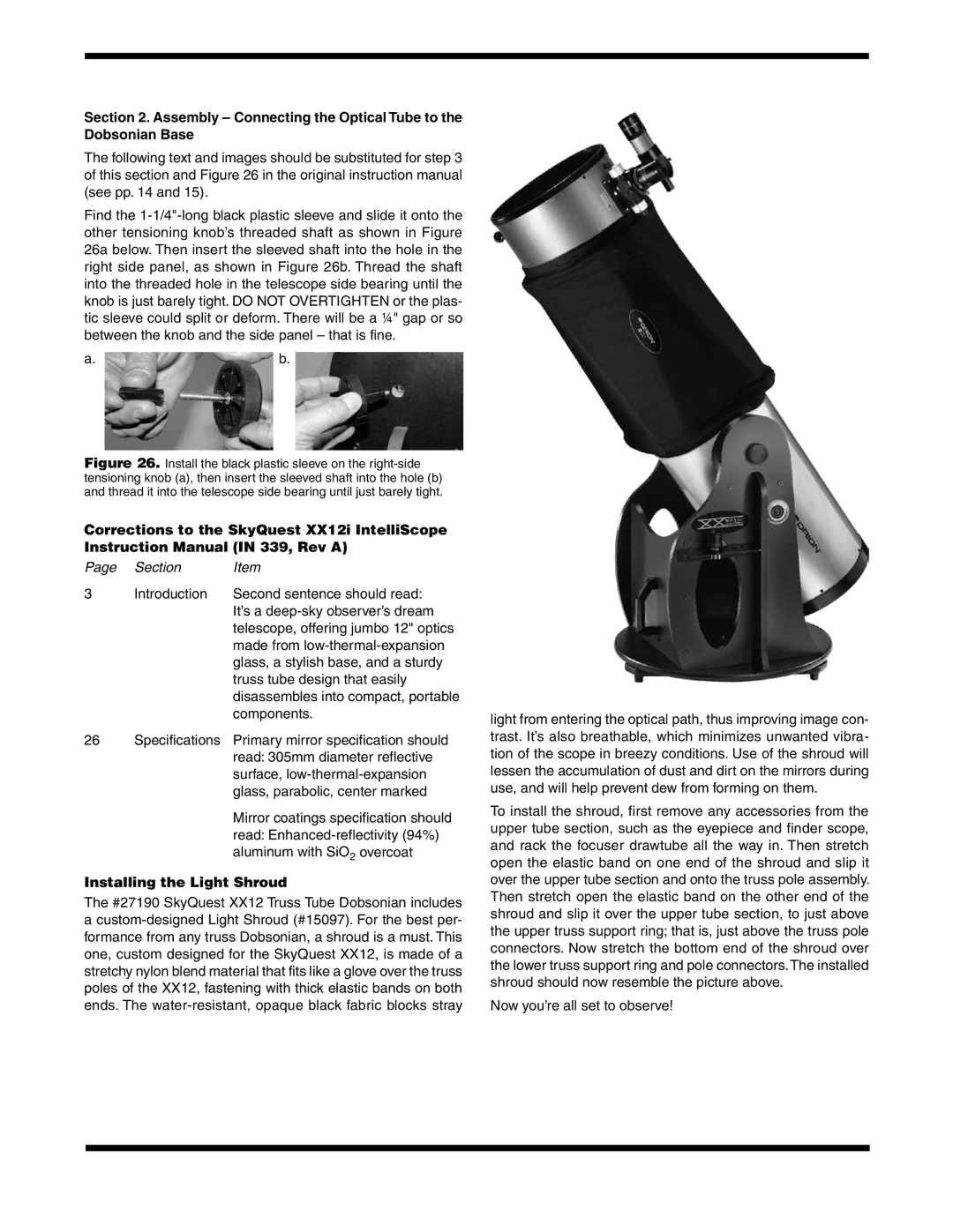 Orion XX12I warranty Assembly Connecting the Optical Tube to the Dobsonian Base, Installing the Light Shroud 