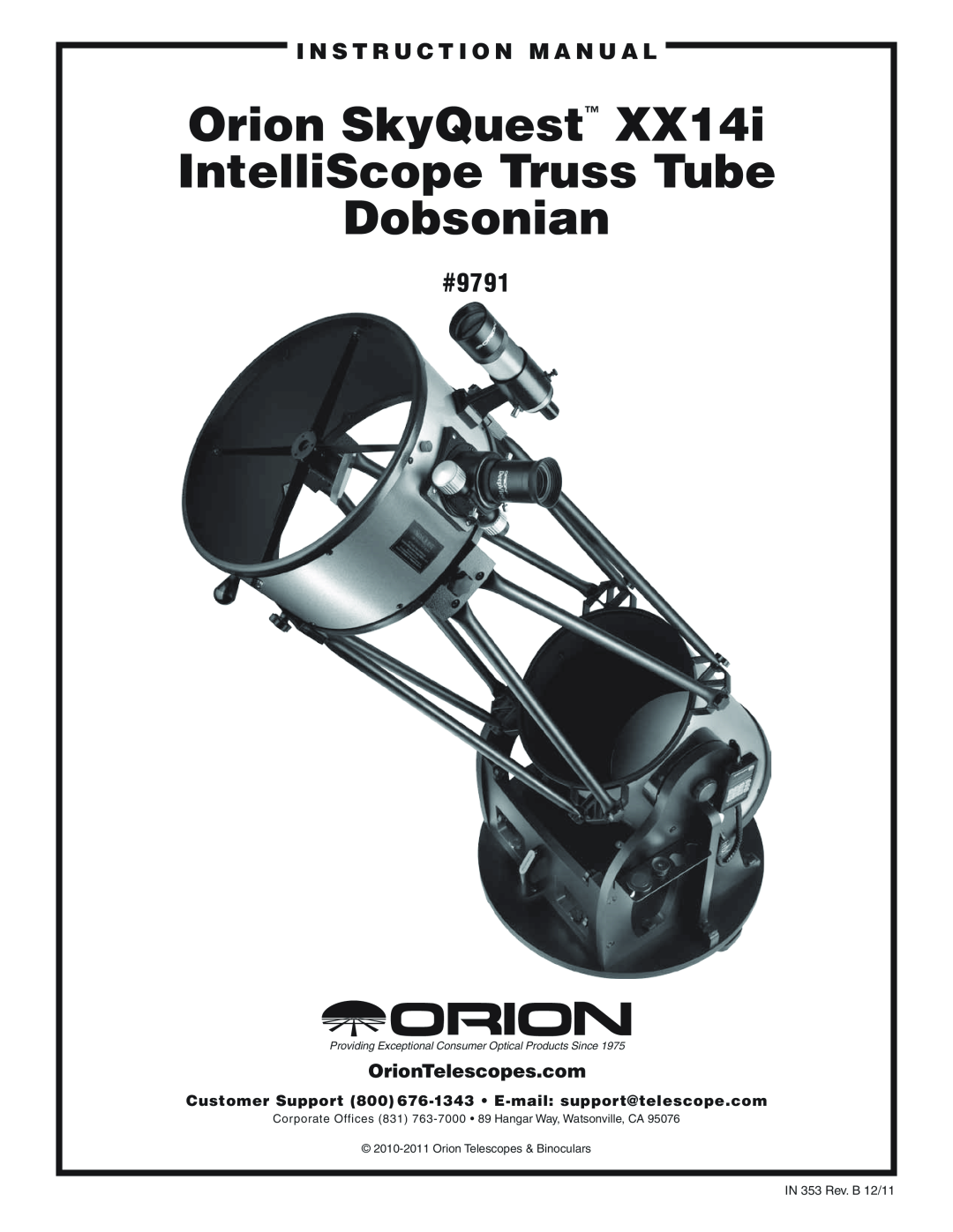 Orion XX14I instruction manual #9791, i n s t r u c t i o n M a n u a l, Orion SkyQuest IntelliScope Truss Tube Dobsonian 