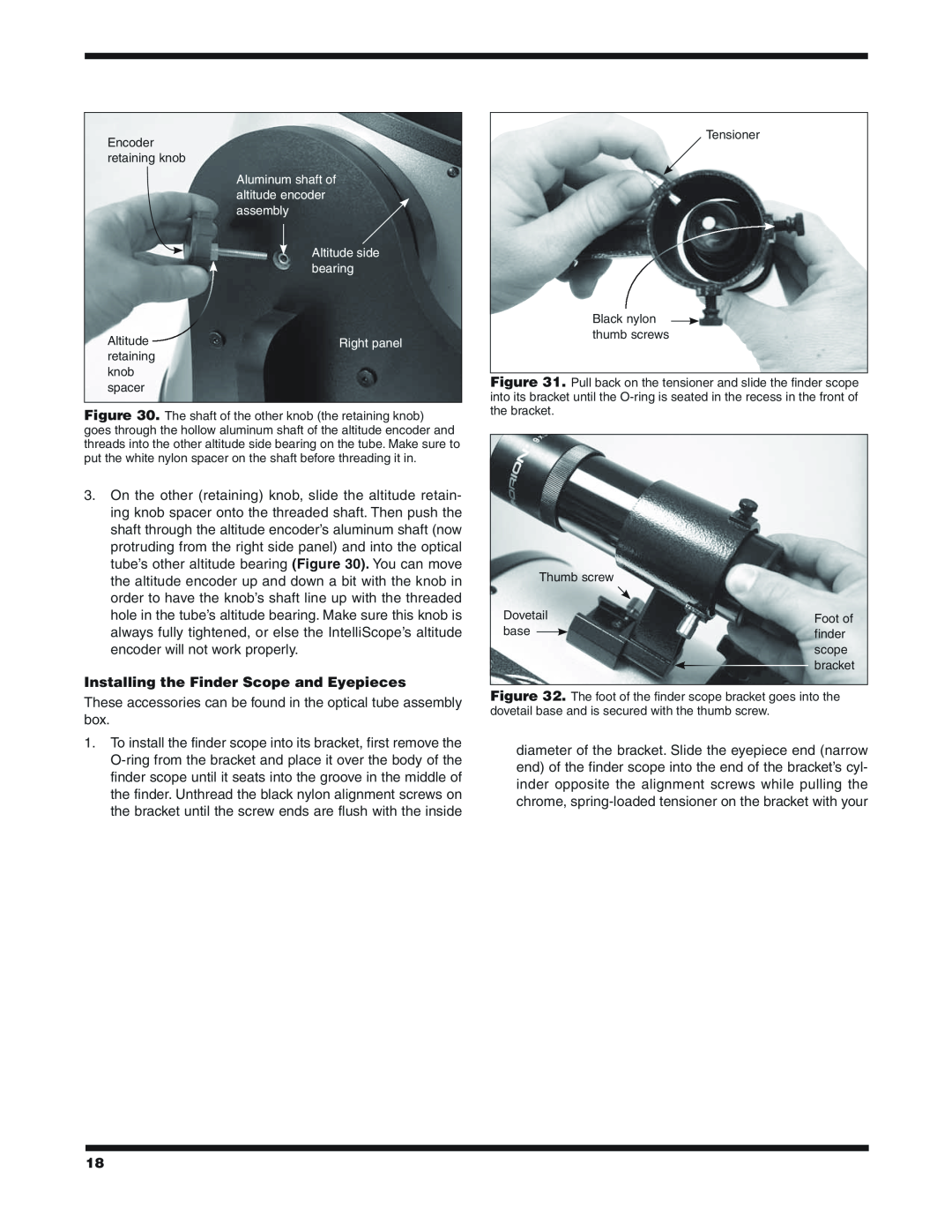Orion XX14I instruction manual Installing the Finder Scope and Eyepieces 