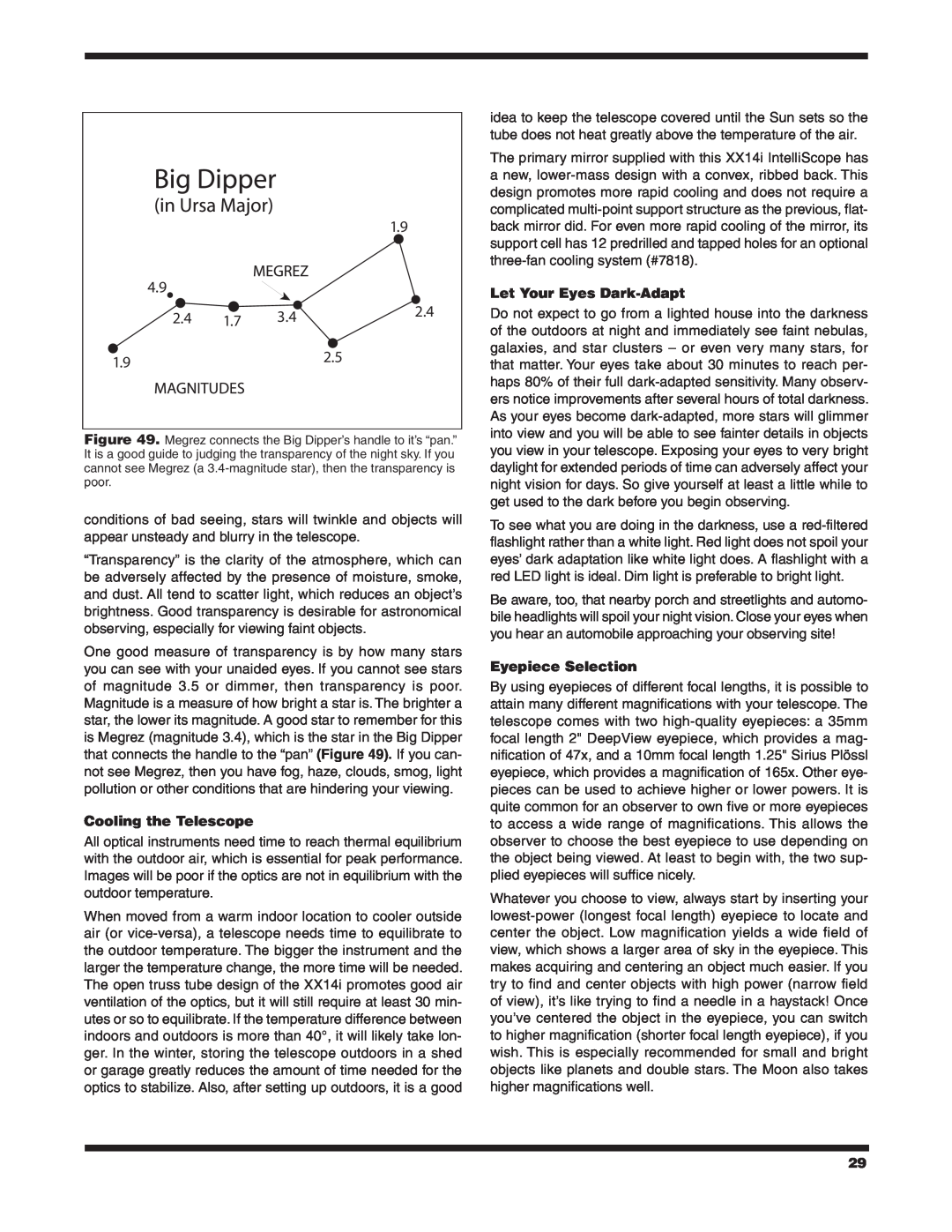 Orion XX14I instruction manual Cooling the Telescope, Let Your Eyes Dark-Adapt, Eyepiece Selection 
