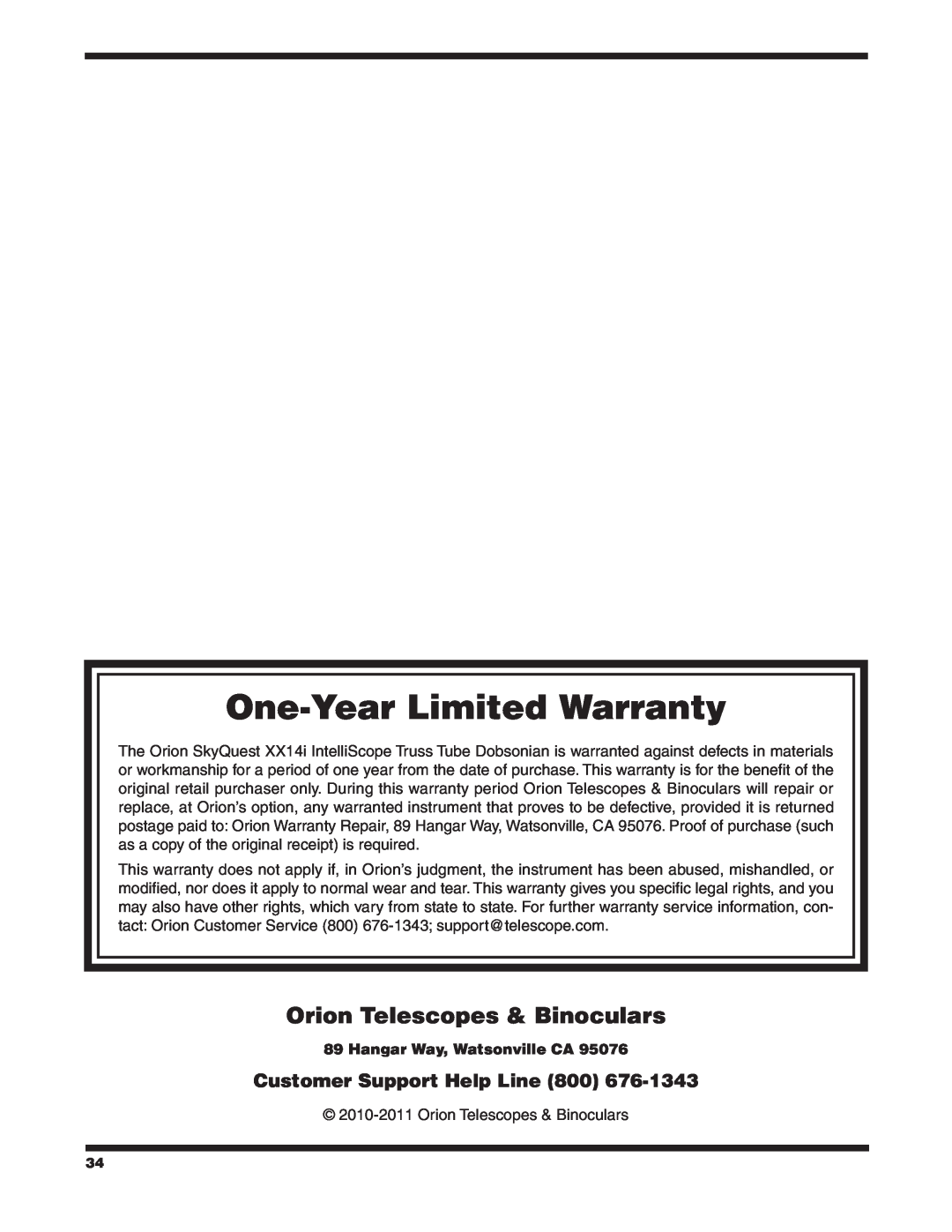 Orion XX14I instruction manual Orion Telescopes & Binoculars, One-Year Limited Warranty, Customer Support Help Line 
