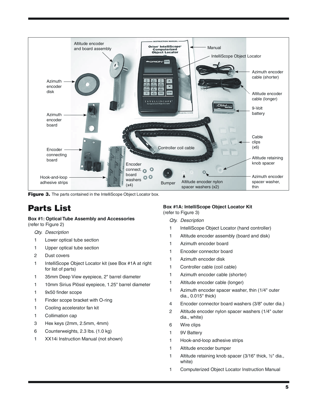 Orion XX14I instruction manual Parts List, Box #1 Optical Tube Assembly and Accessories refer to Figure, Qty. Description 