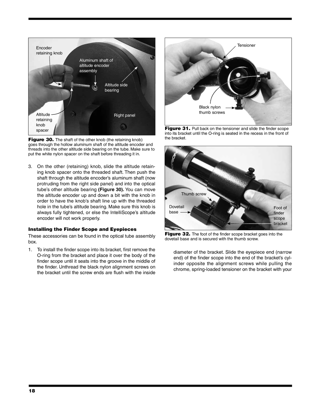 Orion XX14I instruction manual Installing the Finder Scope and Eyepieces 