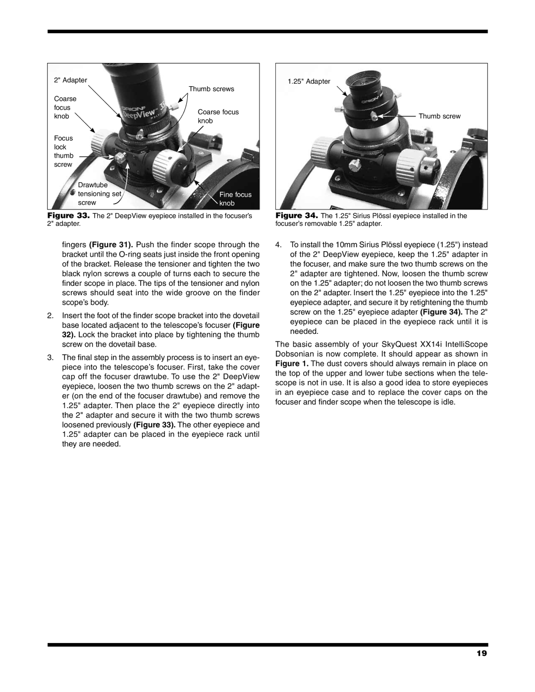 Orion XX14I instruction manual Adapter Thumb screws Coarse Focus 